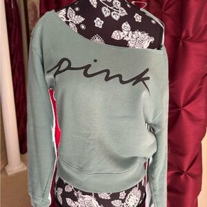 PINK Off-Shoulder SweatshirtSet in Sage Green